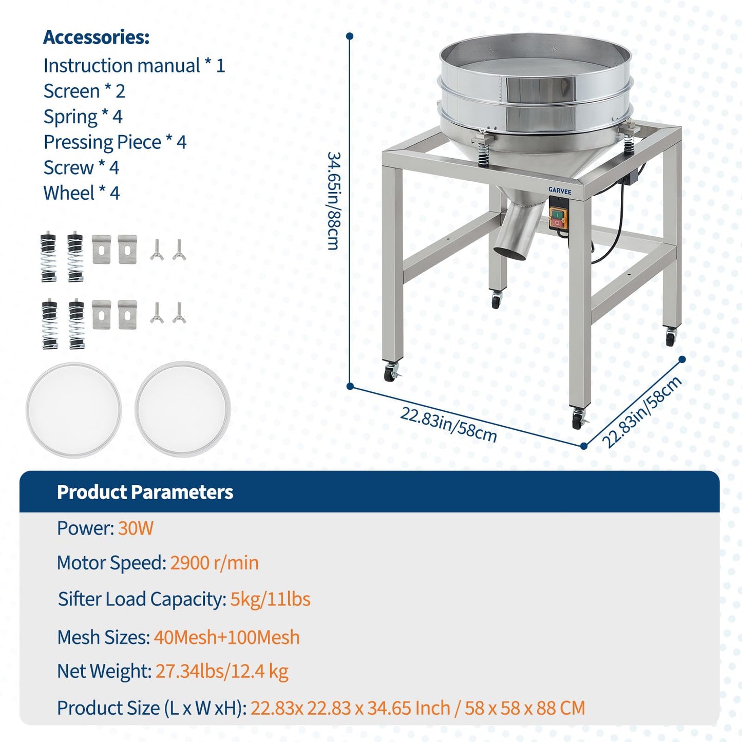 Commercial Automatic Electric Sifter Shaker Machine, Automatic Powder Sifter Machine with 40 Mesh & 100 Mesh Screens, Wheels, for Baking Powder Grain Particles Food Industrial Processing