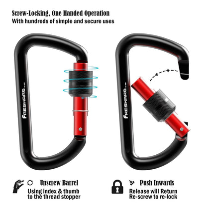FresKaro Carabiner Clip, Locking and Small, Heavy Duty Carbineers, Key and Keychain Clips, Black Karabiner 3inch, Aluminum, D-Ring, for Belt, Hammock, Weight Bearing, Hiking, Dog Crate, 2Pack