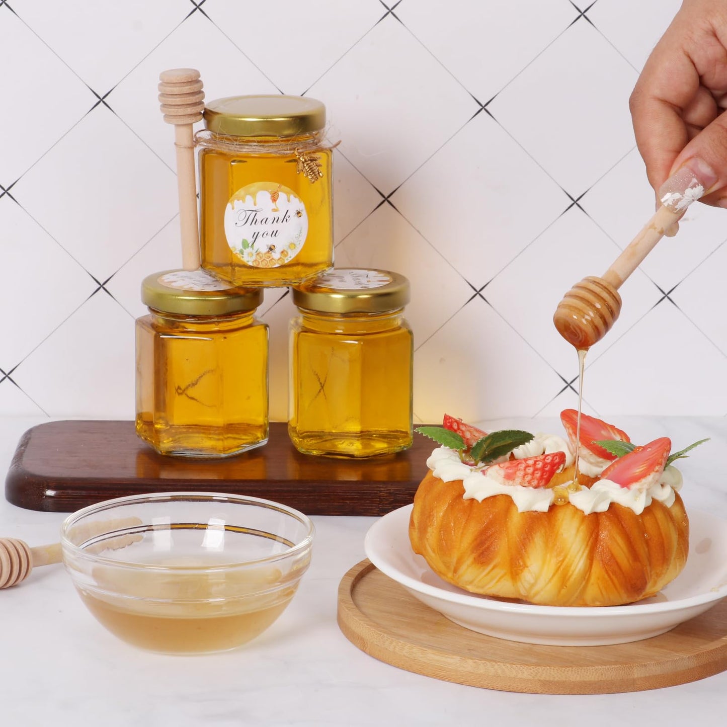 BIGIVACA 3 oz Mini Honey Jars - 20 Pack Hexagon Glass Jars with Wood Dippers, Gold Lids, Bee Pendants, Jutes, Stickers for Wedding Favors, Party Favors, Candle Making
