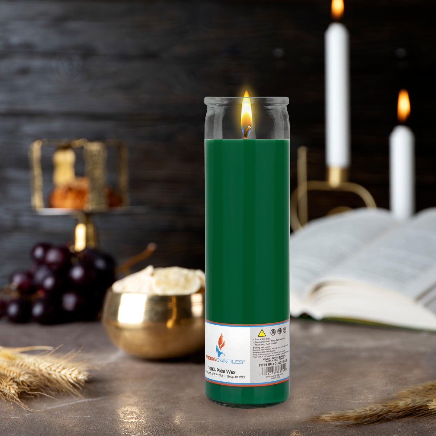 Mega Candles 1 pc Unscented Green Glass Container Devotional Prayer Candles, Shortening Wax Candle 2 Inch x 8 Inch, Sanctuary, Vigils, Prayers, Spiritual, Blessings, Religious, Altar, Remembrance