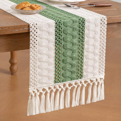 Socomi Boho Table Runner Summer Farmhouse Rustic Dining Kitchen Decor Small Macrame Woven Cotton Linen Coffee Table Runner for Dresser Scarf Home Decor 12x48 inch Sage Green Ivory