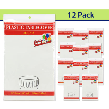 Party Dimensions White Disposable Plastic Tablecloth for Round Tables (12 Pack) 84 inches Table Cloths for Parties, Events & Weddings, Indoors & Outdoors, Plastic Table Cover