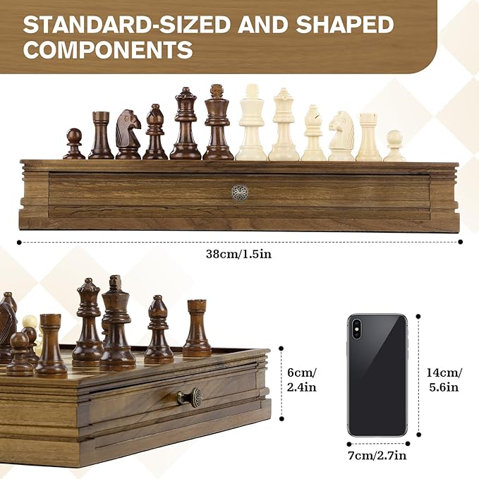 Peradix Magnetic Chess Checkers Board Sets with 2 Built-in Storage Drawers12.8 Classic 2 in 1 Wooden Games with 2 Extra Queens for Kids and AdultsTravel Portable Chess Game Set