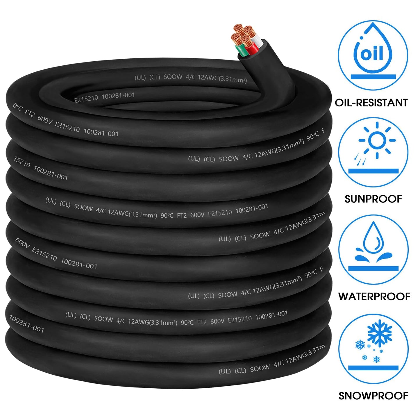 100ft 12/4 12 Gauge SOOW Wire 12 AWG SOOW Portable Power Cable 600V 4 Conductor 12/4 12 Gauge Extension Cord Electric Wire for Motor Lead,Generator,Welder,NEMA 14-20 RV Outlet Box,Car Battery Charger
