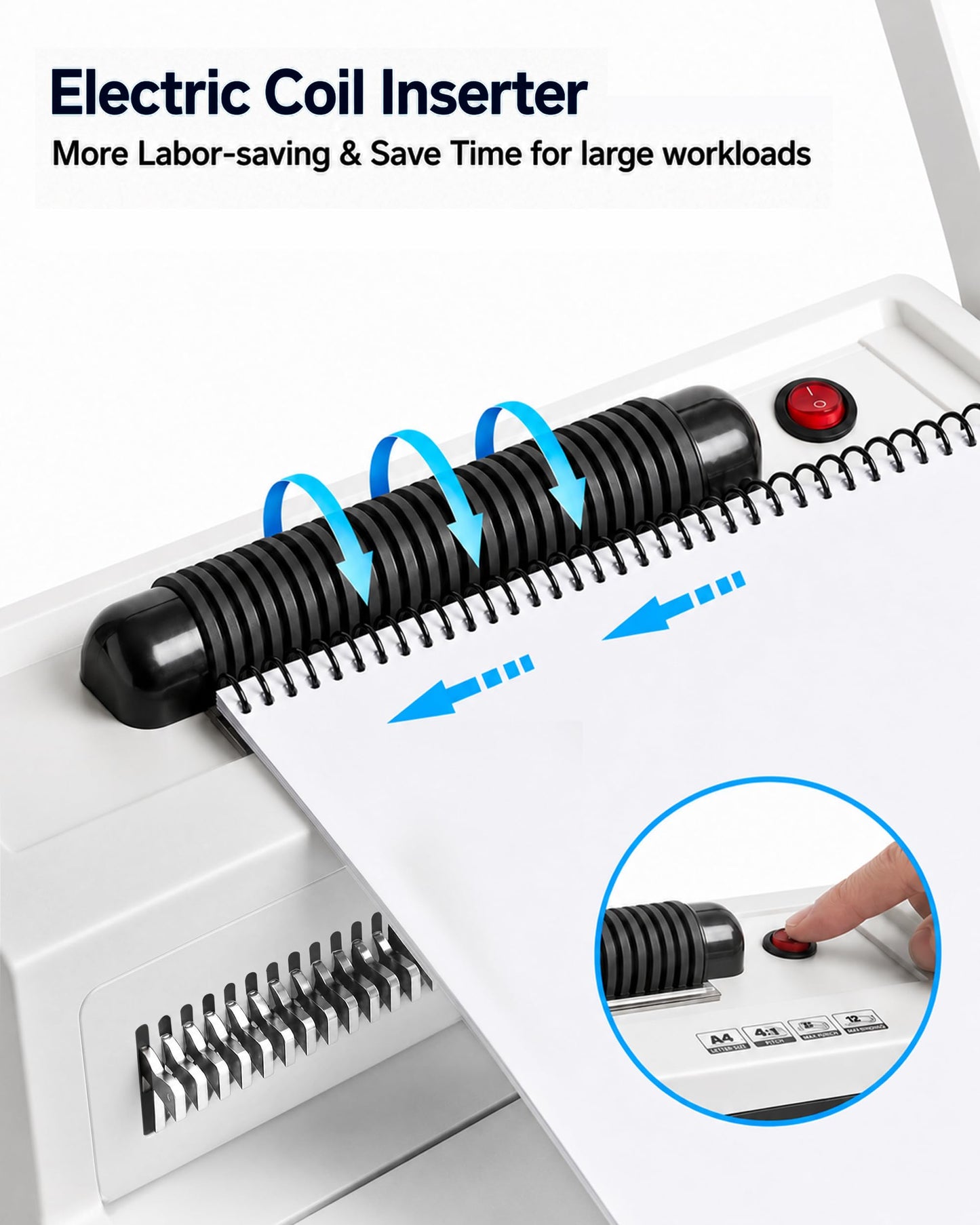 MAKEASY Spiral Coil Binding Machine with 46 Fully Disengaging Pins - 4:1 Pitch - Electric Coil Inserter - Adjustable Side Margin, Comes with Free 1 Box Coil Spines & Plier, 20 Sheet Punch Capacity