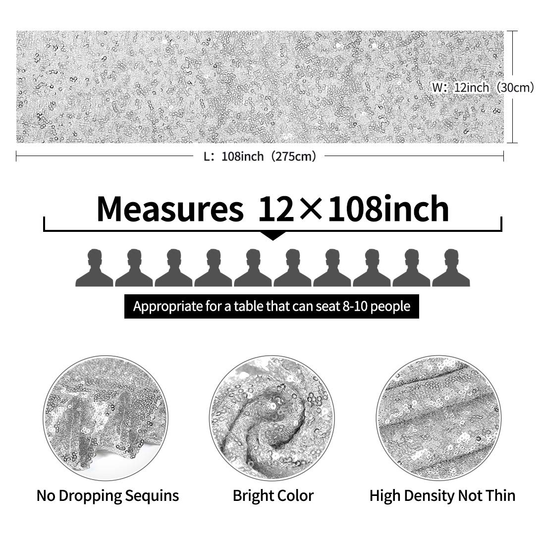 2 Packs 12 x 108 inches Silver Sequin Table Runner, Glitter Silver Table Runner for Wedding Birthday Bachelorette Holiday Party Supplies Decorations Bridal Shower Baby Shower