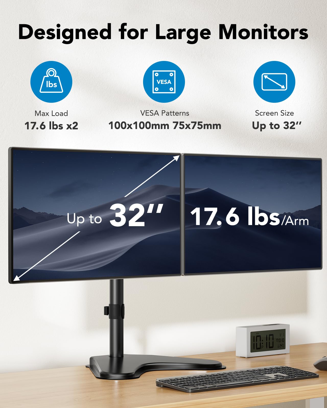 HUANUO 32 inches Dual Monitor Stand up to 17.6lbs per Arm, High-Grade Aluminum Free-Standing Dual Monitors Mount for 2 Screens. Fully Adjustable Dual Monitor Stand for Desk with Tilt, Swivel, Rotation