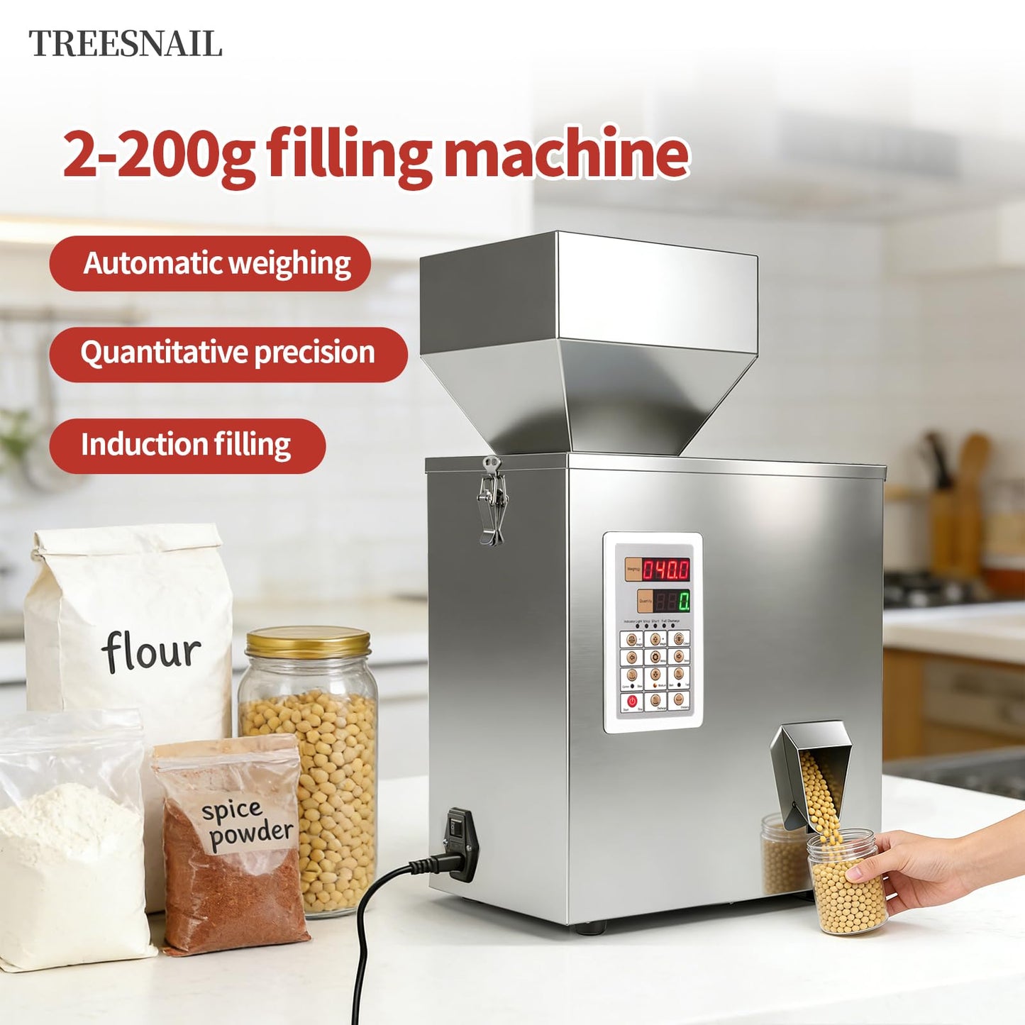 TREESNAIL 2-200g (0.0044-0.44lbs) Powder Filling Machine, Automatic Intelligent Particle Weighing & Dispensing Filler for Tea, Coffee, Flour, Spices, Granules, 8-16 Packs/Min, 110V