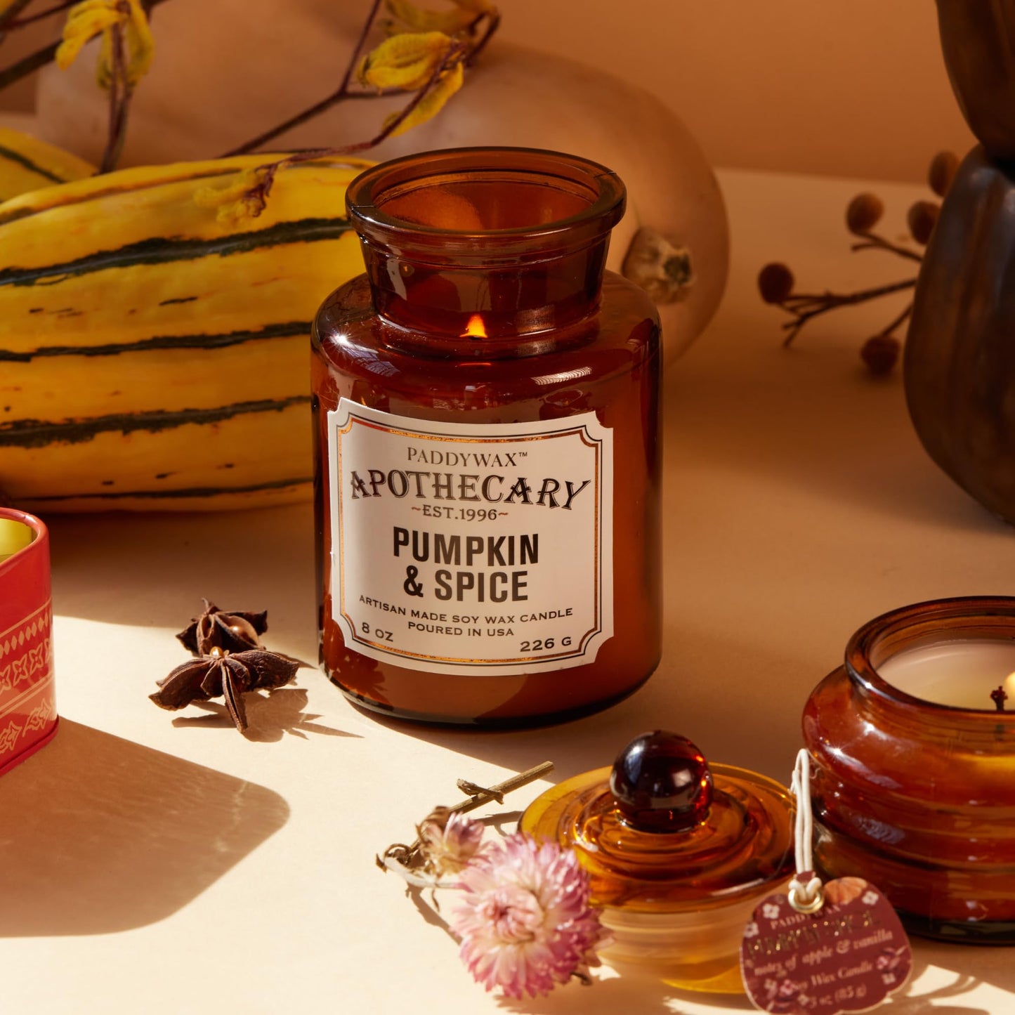 Paddywax Artisan Apothecary Scented Candle with Lid in Reusable Glass Jar, Clean-Burn Soy Candle with Approx. 54 Hour Burn Time, Pumpkin & Spice, 8 oz.