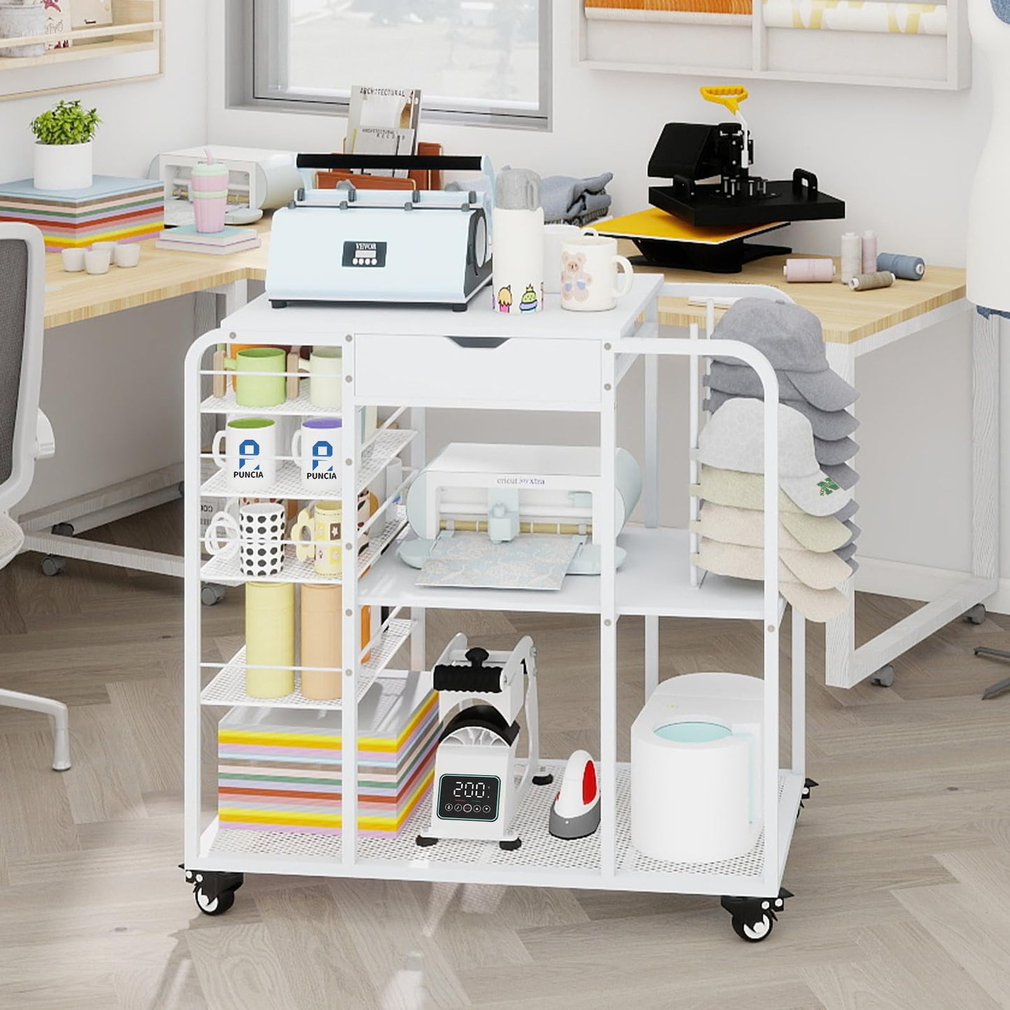 PUNCIA All-In-One Movable Tumbler and Cap Press Stand, Space Saving 3-Tier Heat Transfer Organizer Workstation with Cup Holder and Hat Storage Ideal for Craft Room Studios Home Craftsman DIY Makers