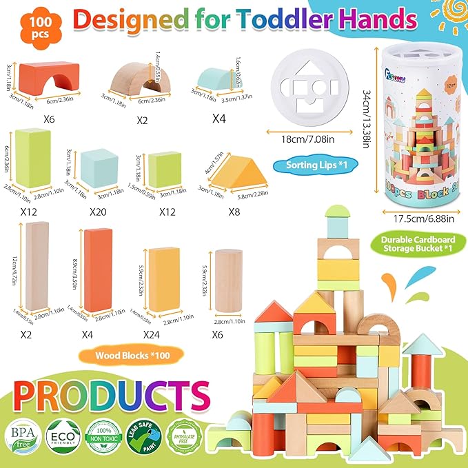 FCSONU Wooden Building Blocks for Toddlers 1-3 100 Pcs Wood Blocks Set - Sorting &amp Stacking Toys with Storage and Lid Kid Montessori Toys Ages 2+ Christmas 1st Birthday Gifts for Boys Girls Bab