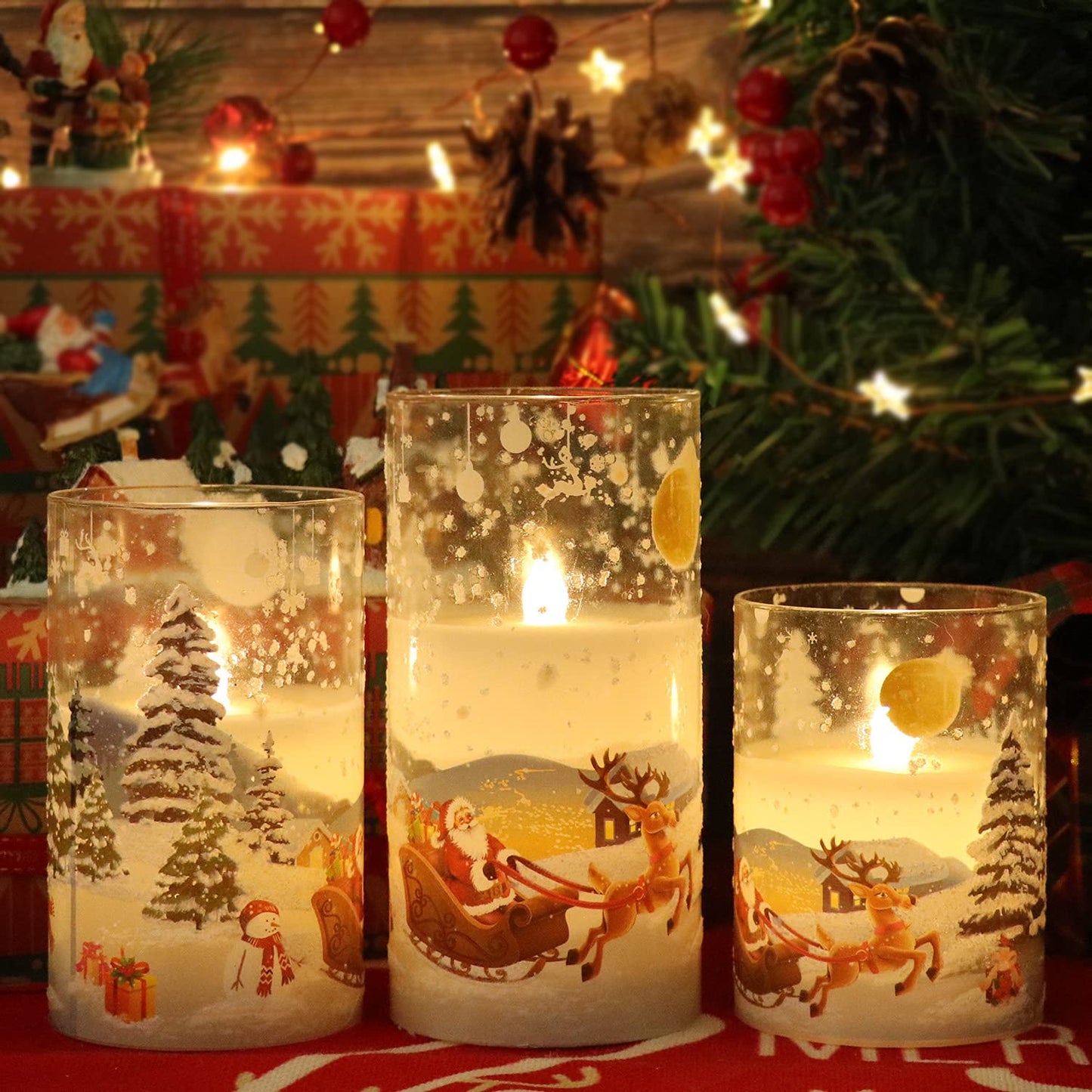 Eldnacele Santa Claus Glass Flameless Candle with Remote Timer Battery Operated Flickering LED Pillar Candles 3 Pack Warm White Light Christmas Decal Candles Set of 3 (D3” x H 4” 5” 6”) – Santa Sleigh