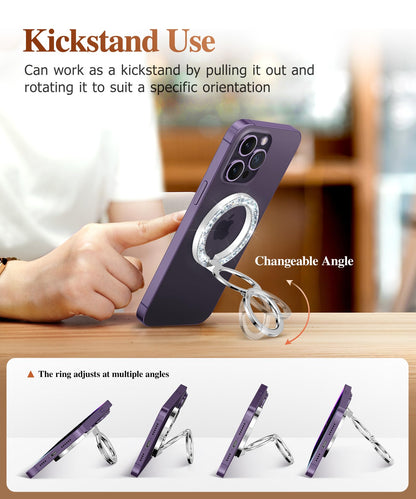 GVIEWIN Magnetic Phone Ring Holder, Compatible with MagSafe Phone Grip with Adjustable Stand, Magnet Phone Ring Kickstand for iPhone 17/16/15/14/13/12 Pro Max Plus Air/Other Phones (Glitter/Silver)