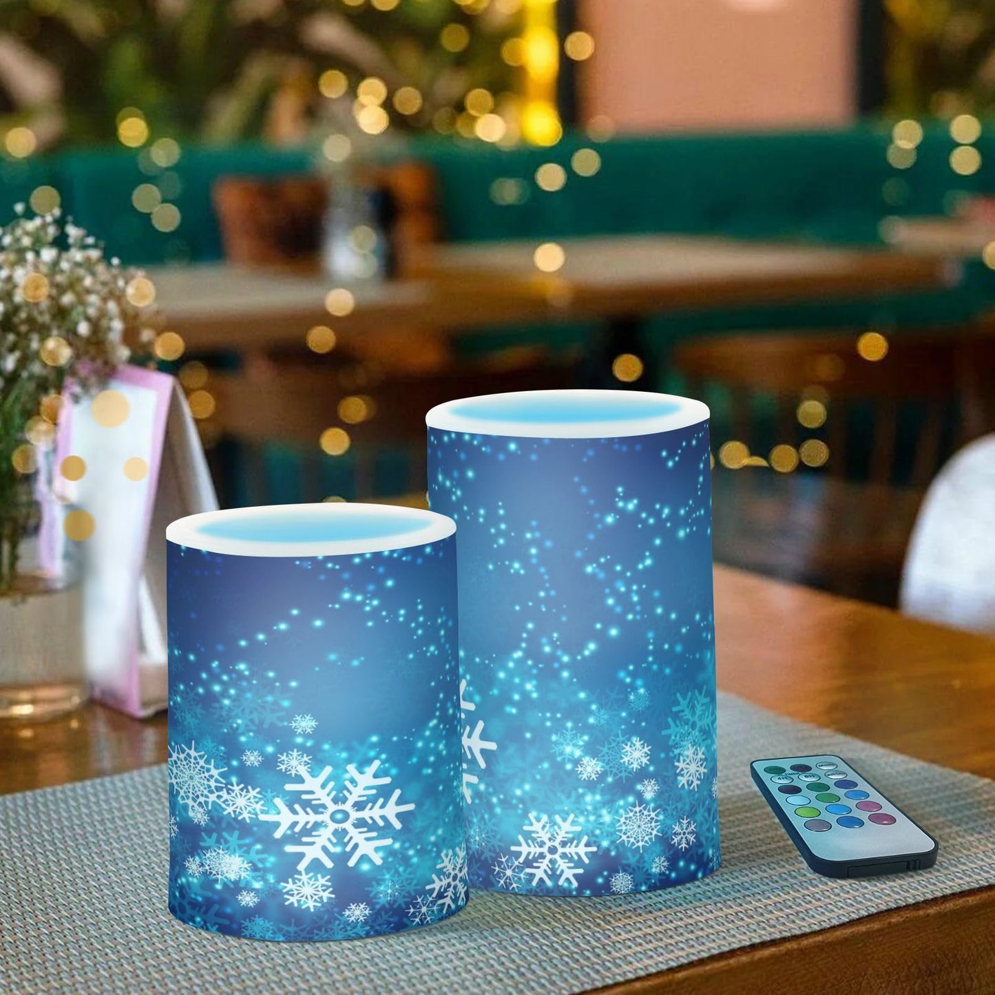 ALAZA Christmas Blue Glitter Snowflakes Flickering Flameless Candles Battery Operated with Remote Timer,Tea Light Candles LED Pillar Votive Candles Set of 2 for Outdoor Indoor Decorations