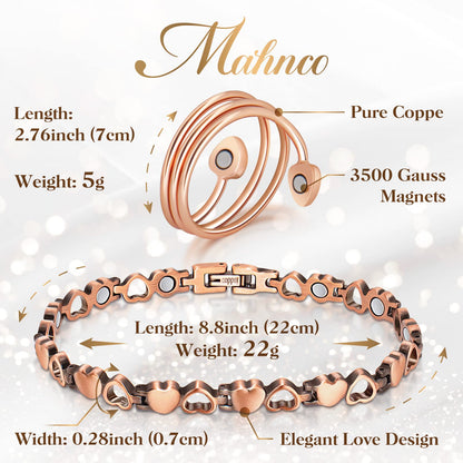 Magnetic Copper Bracelets for Women Lymph Detox Magnetic Bracelets, 100% Solid Pure Copper Bracelet with 3500 Gauss Magnets & Lymphatic Drainage Ring with Adjustment Tool