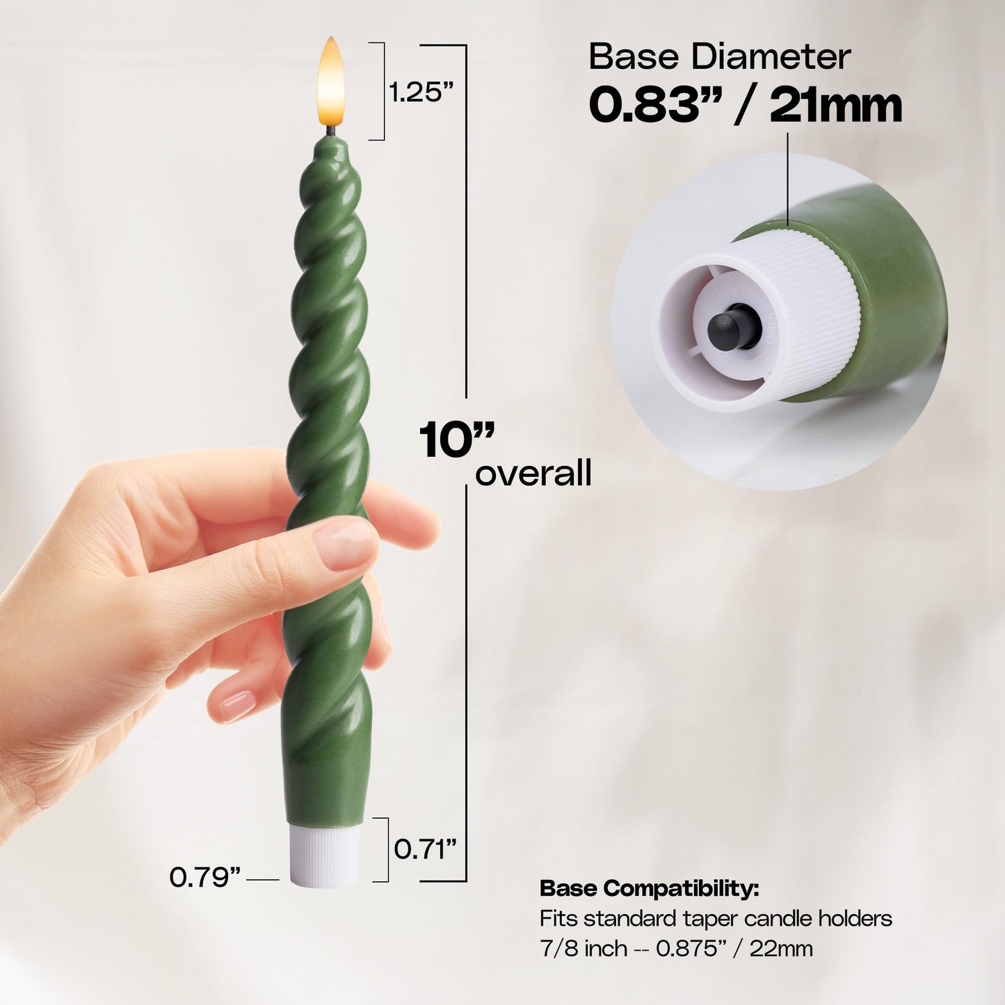 West Ivory Full Twisted Spiral Flameless LED Taper Candles – Loden Green, Set of 2 – 2/4/6/8-Hr Timer (24-Hr Memory), Remote, Dimmable, Bottom On/Off Button, Flicker/Steady, Battery Operated