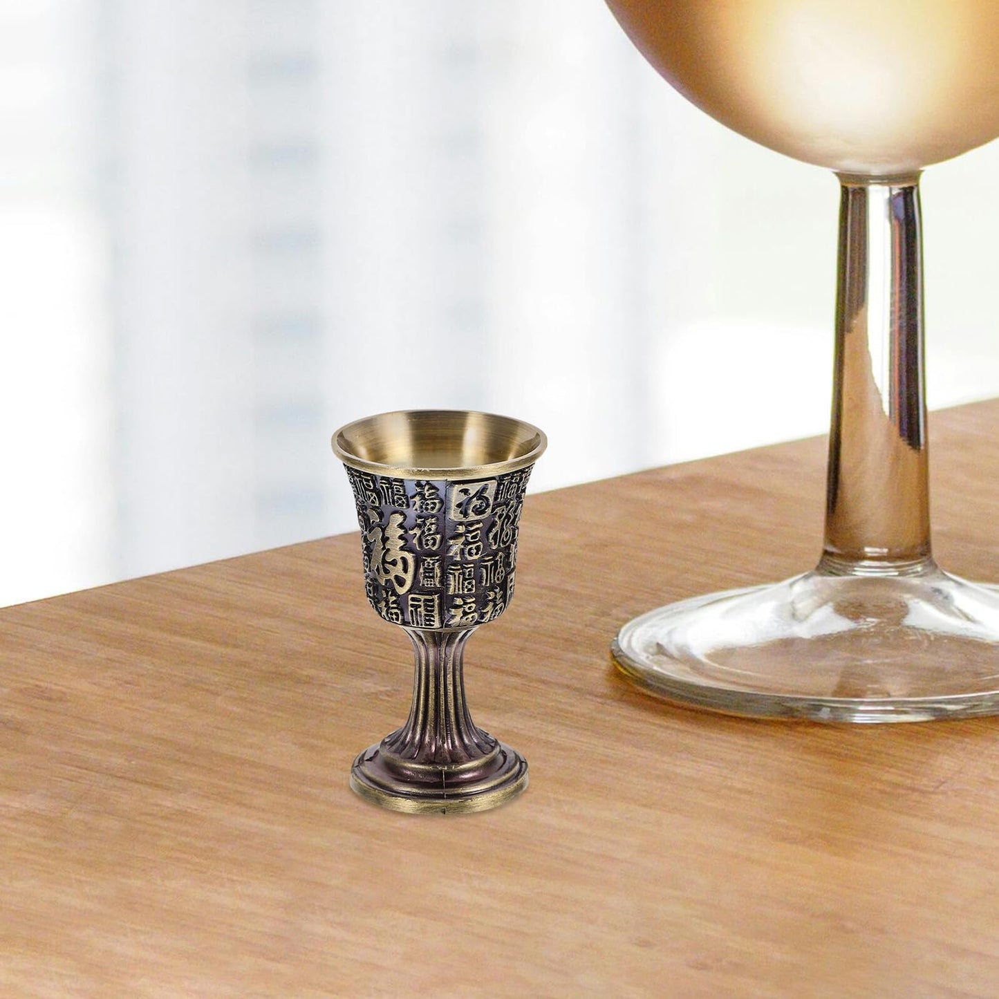 JOYOFREELY Vintage Copper Goblet Chalice Fu Character Engraving, Small Bronze Wine Drinking Cup for Home Bar, Traditional Chinese Style Shot Glass