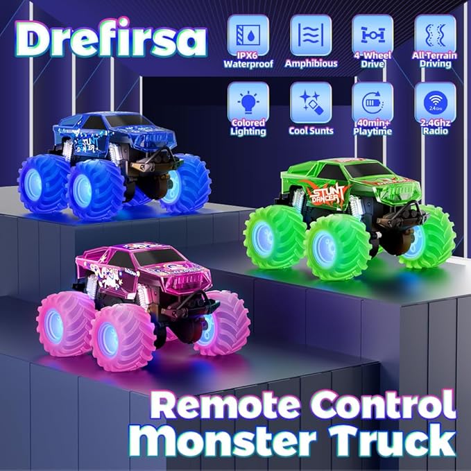 Amphibious Monster Truck Toy Waterproof Remote Control Car 4WD Off-Road RC Truck with Colorful Light RC Stunt Car Toy for 4-7 8-12 Year Boy Birthday Gift Present