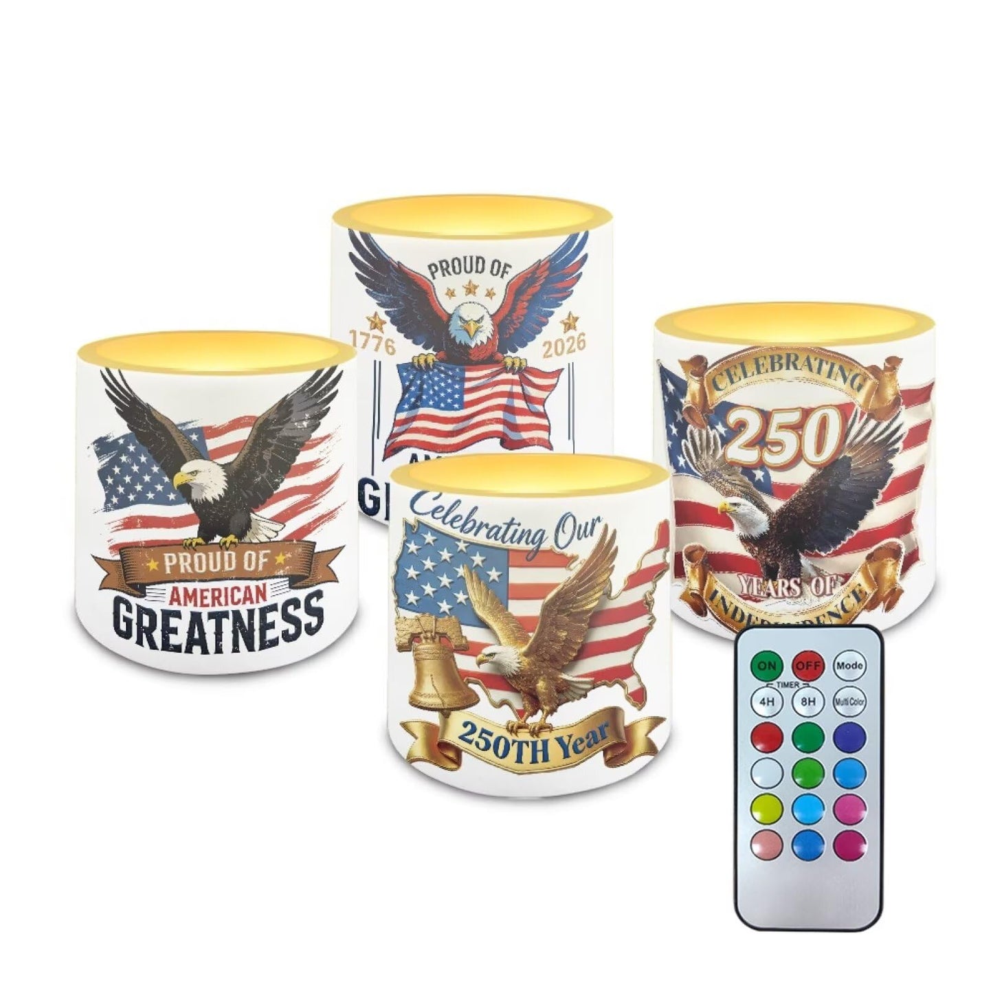 NETILGEN 3 inch Flameless LED Candles for July 4th Independence Day Decor Set of 4 Timer Remote Flickering Flameless Candles with Battery Operated American Flag Eagle 250th Anniversary