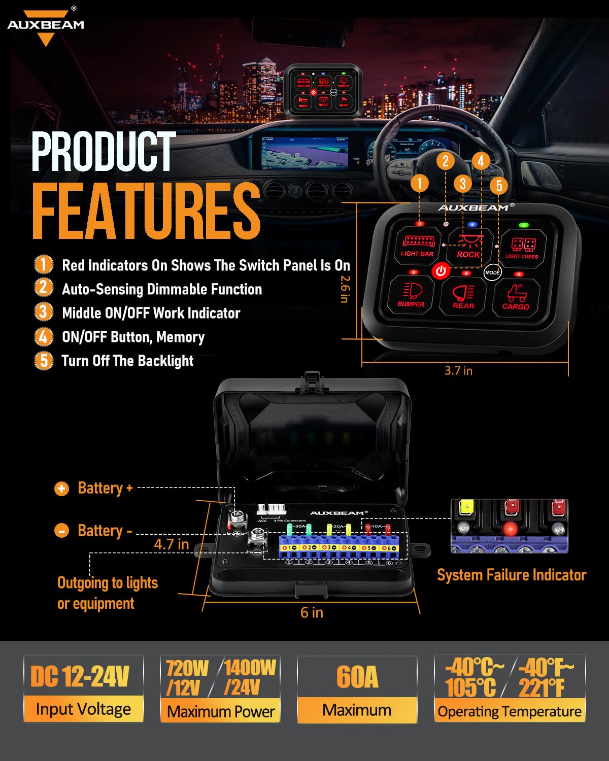 Auxbeam 6 Gang Switch Panel RA60 Toggle Momentary Pulsed RGB Dimmable Switch Panel Multifunction Switch Panel Built in Solid State Relay Marine Control Panel Waterproof for Car Boat, 3 Years Warranty