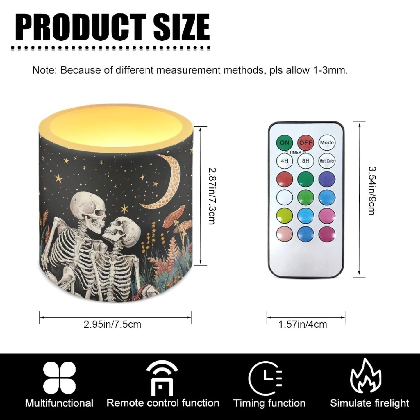 Merkmak Pack of 4 Flameless Candles Battery Operated Candles with Remote and Timer Flickering LED Elictric Pillar Tealights for Indoor Outdoor Decorations, Moon Skeleton