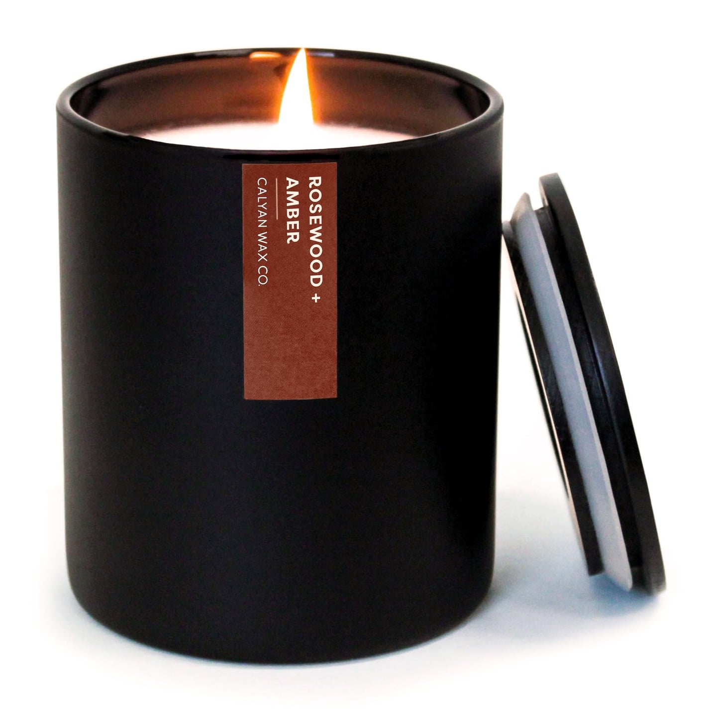 Calyan Wax Co. Rosewood & Amber Scented Candle - 75 Hour Burn - Luxury Clean Soy Wax Candles - Long Lasting Black Tumbler Jar Candle for Home - 10.2oz