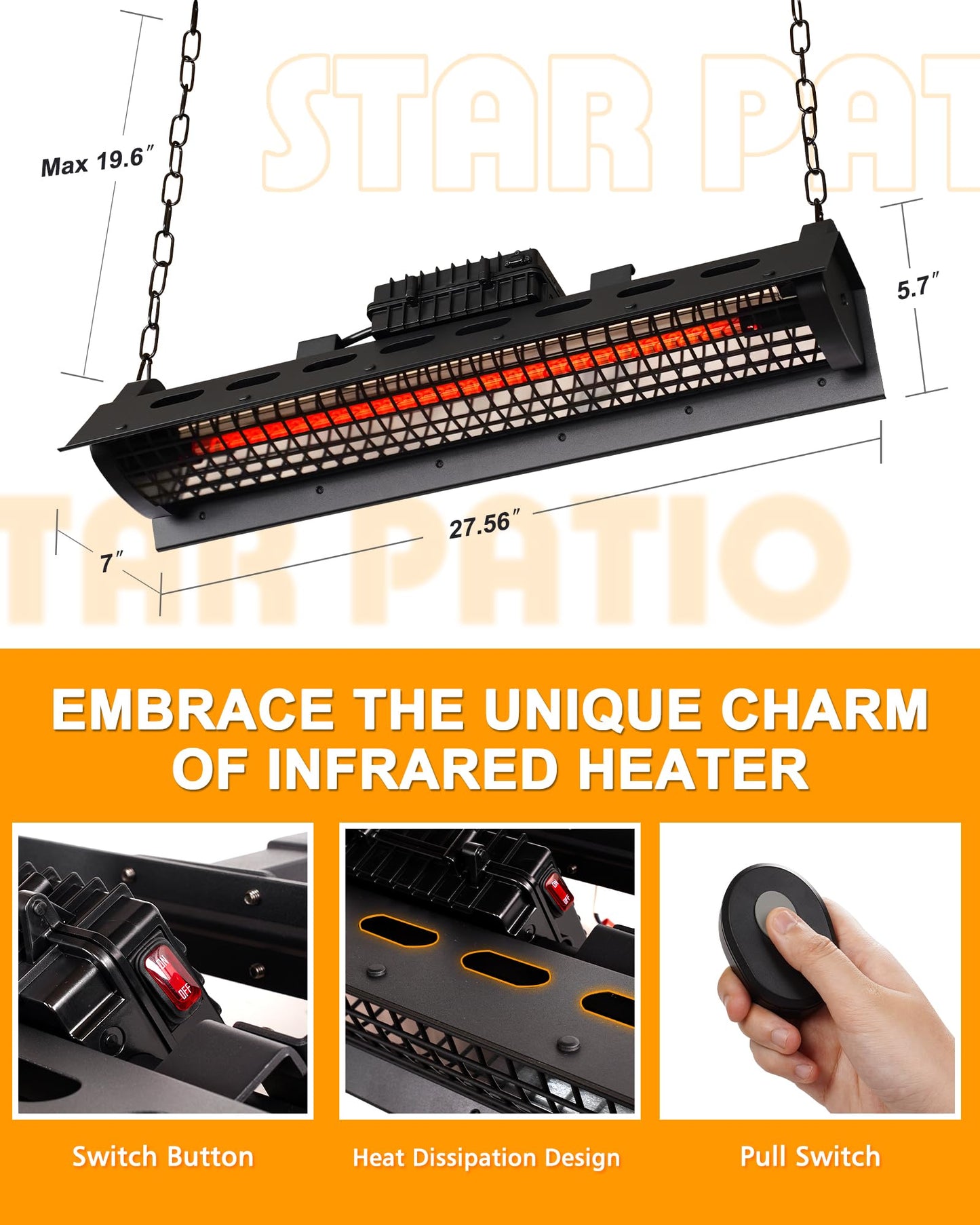 Star Patio Electric Patio Heater with Remote, Outdoor Wall Mounted & Ceiling Heater, Outdoor Heaters, Hanging Patio Heater, Industrial Black, STP2020-A-RMN2025