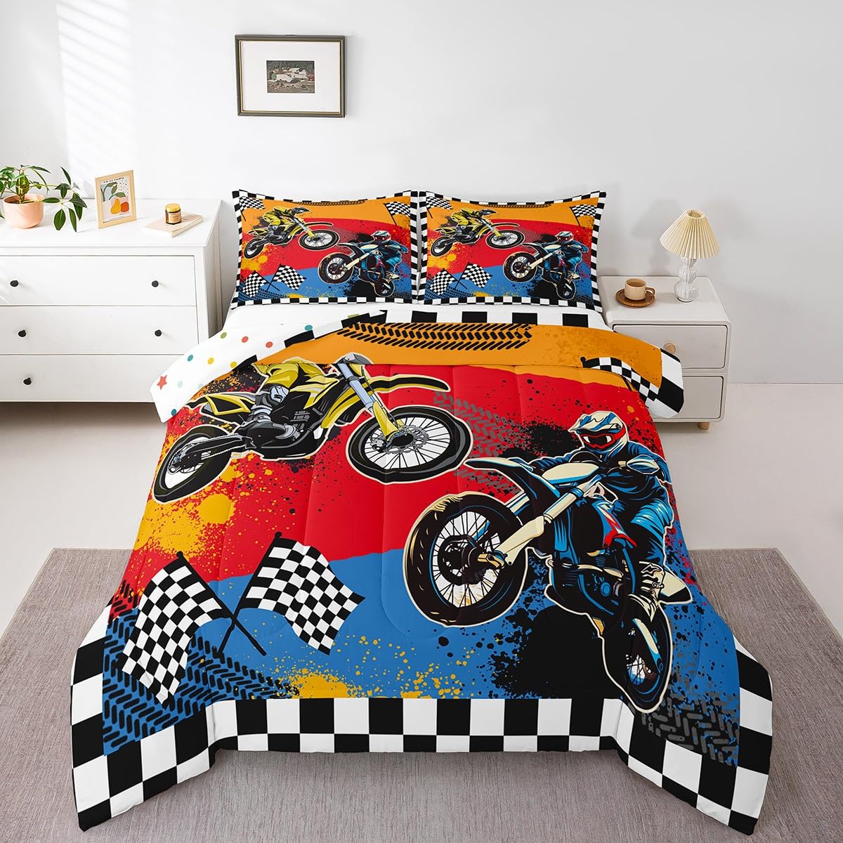 Feelyou Boys Dirt Bike Comforter Set Twin,Motocross Rider Bedding Set,Black White Buffalo Plaid Duvet,Cool Sport Car Quilted Comforter Motorcycle Bedding for Kids Teens Bedroom Decor