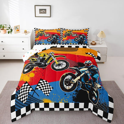Feelyou Boys Dirt Bike Comforter Set Twin,Motocross Rider Bedding Set,Black White Buffalo Plaid Duvet,Cool Sport Car Quilted Comforter Motorcycle Bedding for Kids Teens Bedroom Decor