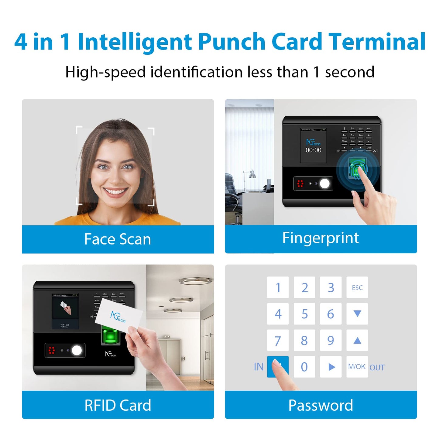 NGTeco Time Clock for Small Business, 4-in-1 Employee Attendance Machine with Built-in RFID Cards, Face, Fingerprint & PIN, 2.4GHz WiFi, Mobile App Control, Flexible Shift Management, No Monthly Fee