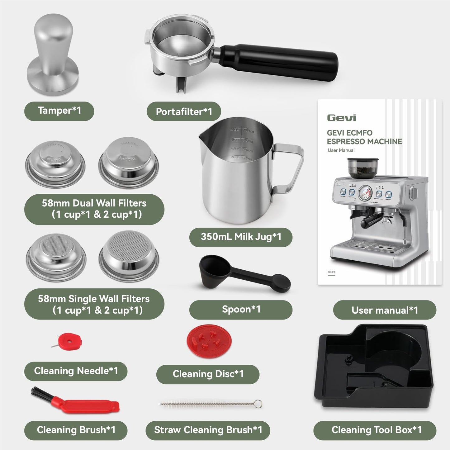 Gevi Dual Boiler Espresso Machine, Built-in Coffee Grinder, 58mm Commercial Portafilter, Professional Steam Wand, 31 Grind Levels, Stainless Steel Silver Home Barista Coffee Maker
