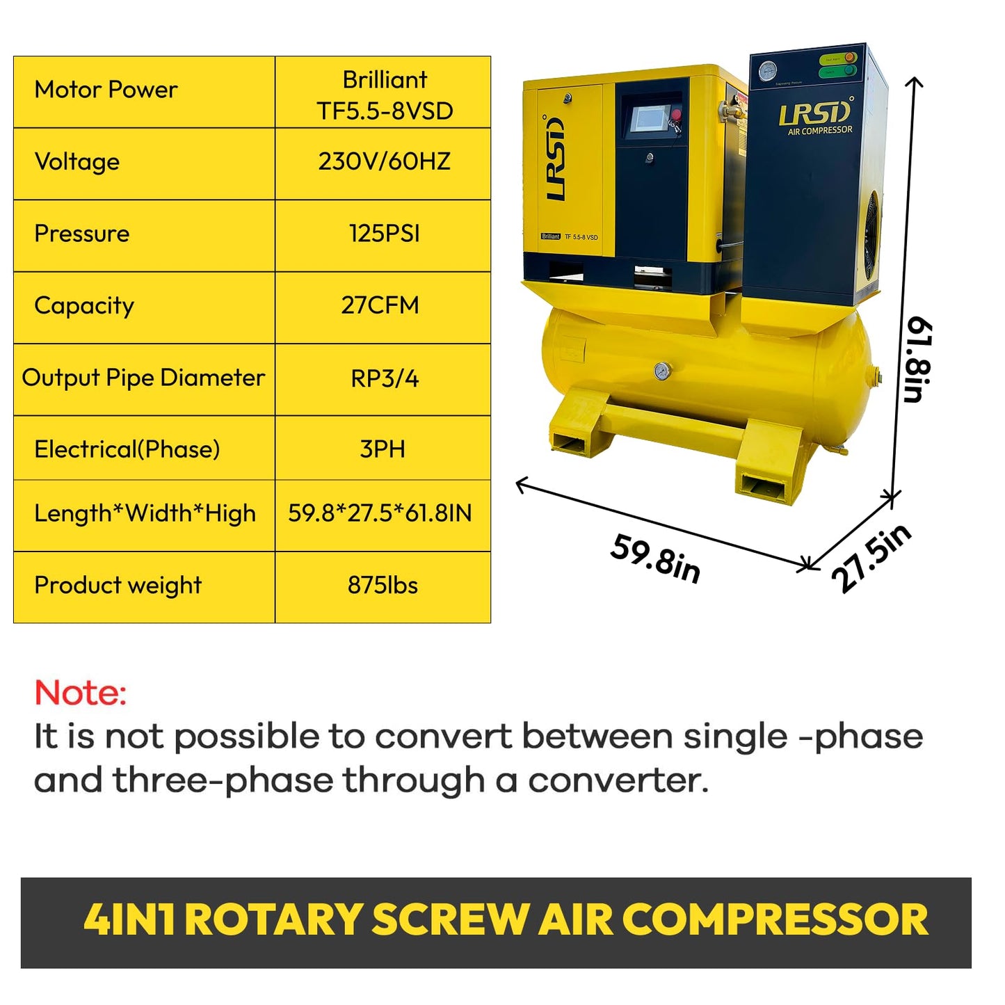 LRSD 7.5HP Combined Rotary Screw Air Compressor with Dryer & 80-Gal ASME Tank | 27 CFM, 125 PSI, 230V 3-Phase – Industrial Grade, TF5.5-8-VSD