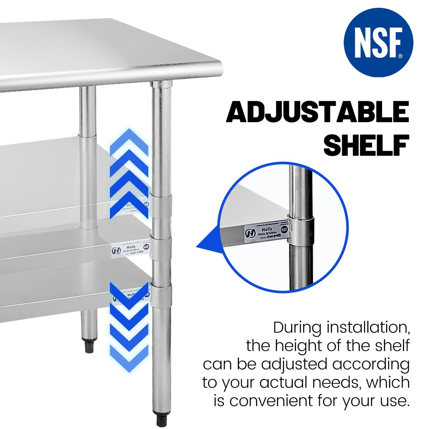 Hally Stainless Steel Table for Prep & Work 24 x 36 Inches, NSF Commercial Heavy Duty Table with Undershelf and Galvanized Legs for Restaurant, Home and Hotel