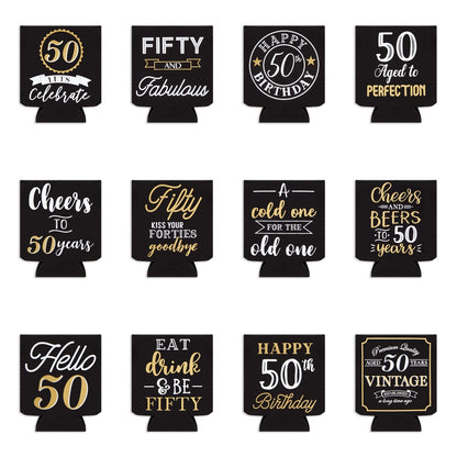 Sparkle and Bash 50th Birthday Can Cooler Sleeves - Medium, Black & Gold, 12-Pack - Insulated Neoprene Holder for 12 Oz Cans, 50th Birthday Party Favors & Decorations