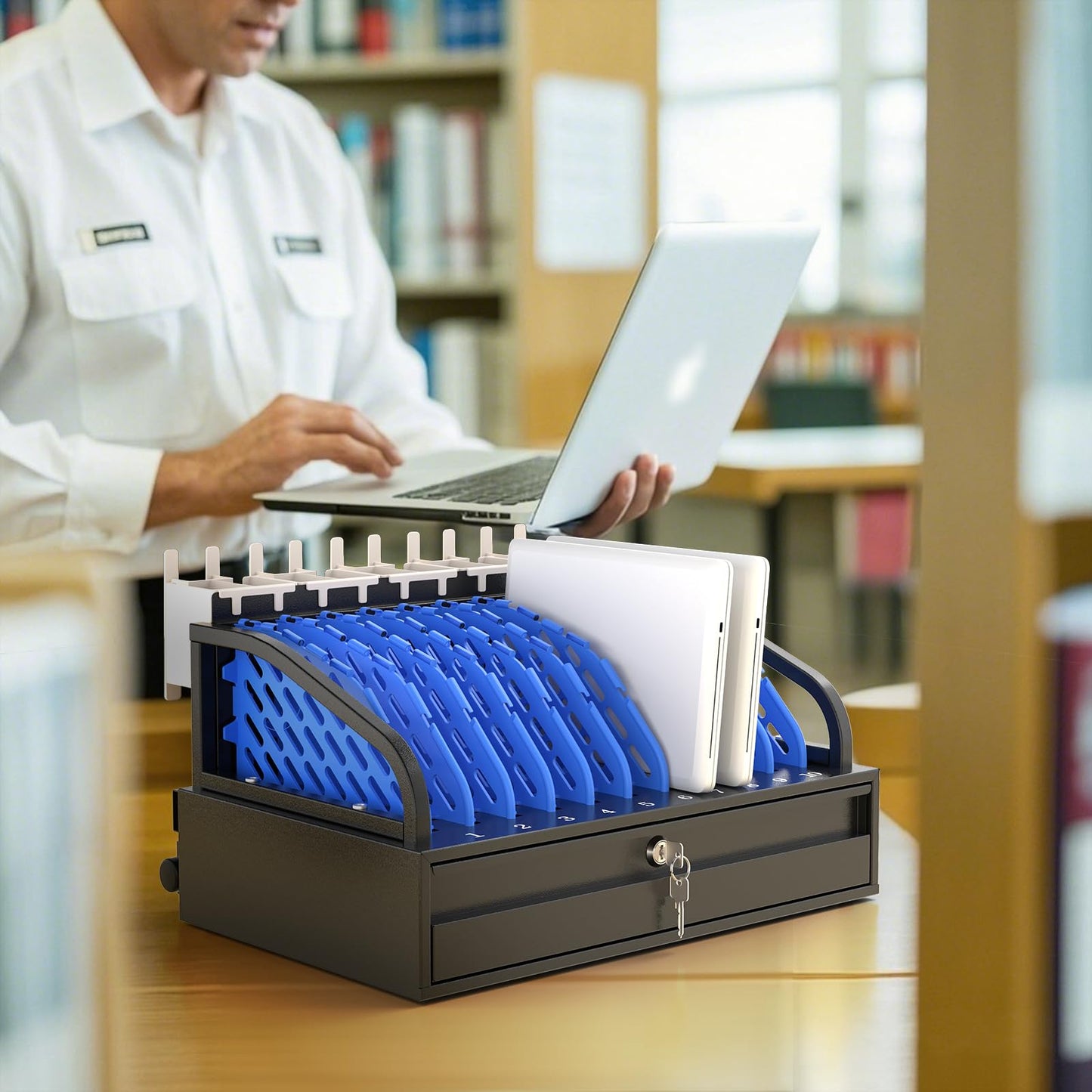 10-Device Open Charging Station for Chromebooks & Tablets - Heavy-Duty Steel Rack with Lockable Storage Drawer, Multi-Device Charging Organizer for School, Office, Hospital