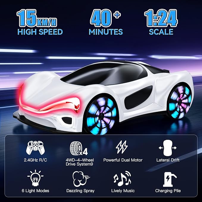 Remote Control CarRC Cars Boys Toys for 6 7 8 9 10 11 12 Year Old 2.4GHz 360° Rotate RC Cars with Cool Lights Music &amp Spray Effects Cool Birthday for Kids &amp Boys 6-12