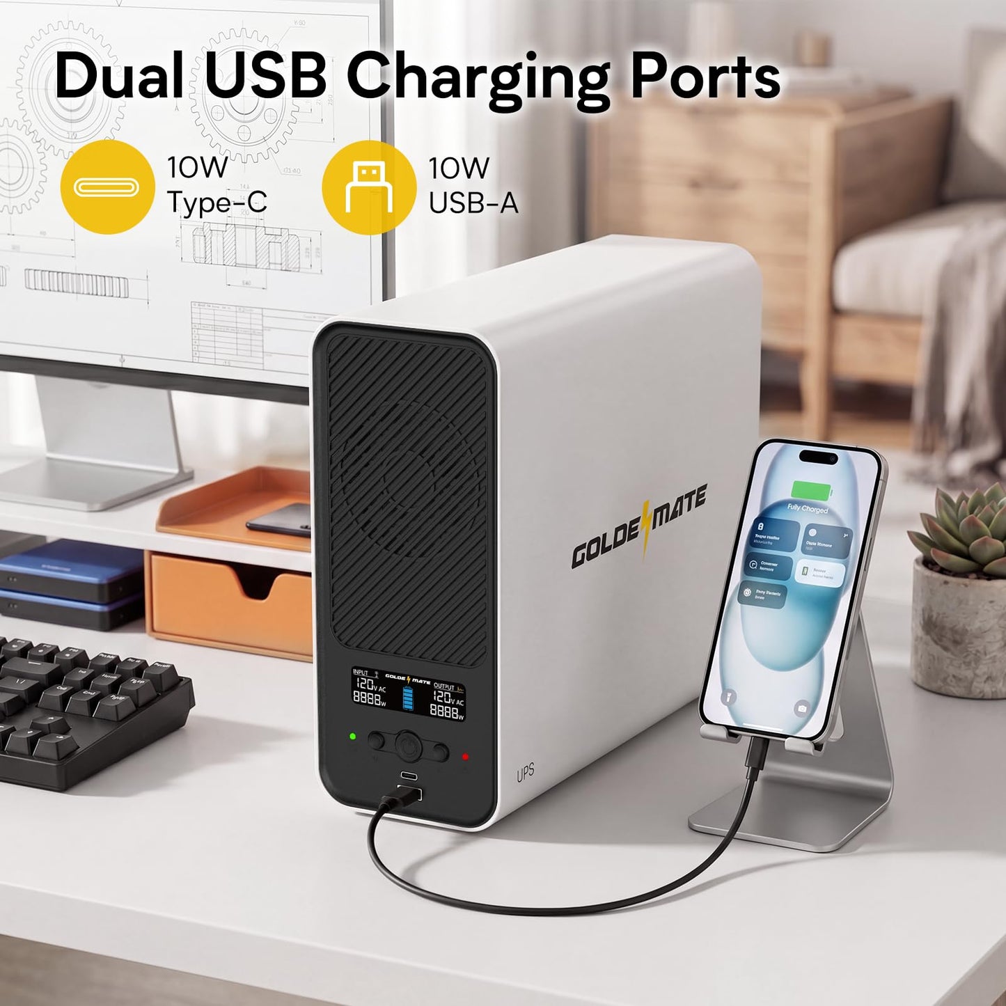 GOLDENMATE 1500VA/1000W Lithium UPS Battery Backup and Surge Protector, 230Wh LiFePO4 Battery Backup, Sinewave UPS with USB Communication Port, 8 Outlets & 2 USB Ports, LCD Display, White