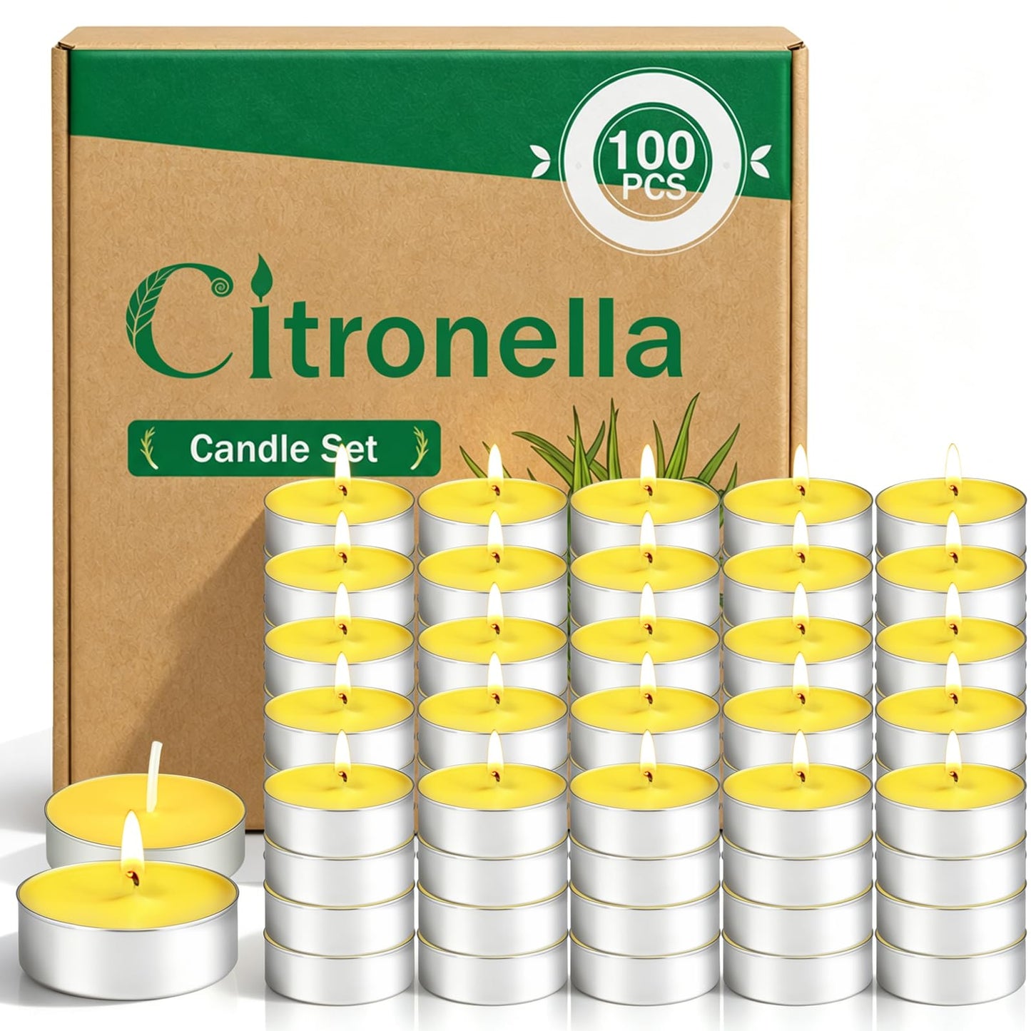 100 Pack Citronella Tealight Candles Bulk,Outdoor Intdoor Summer Scented Candles,Natural Soy Wax Citronella Tea Lights Candles for Patio,Yard,Garden,Pool,Porch,Parties,Weddings