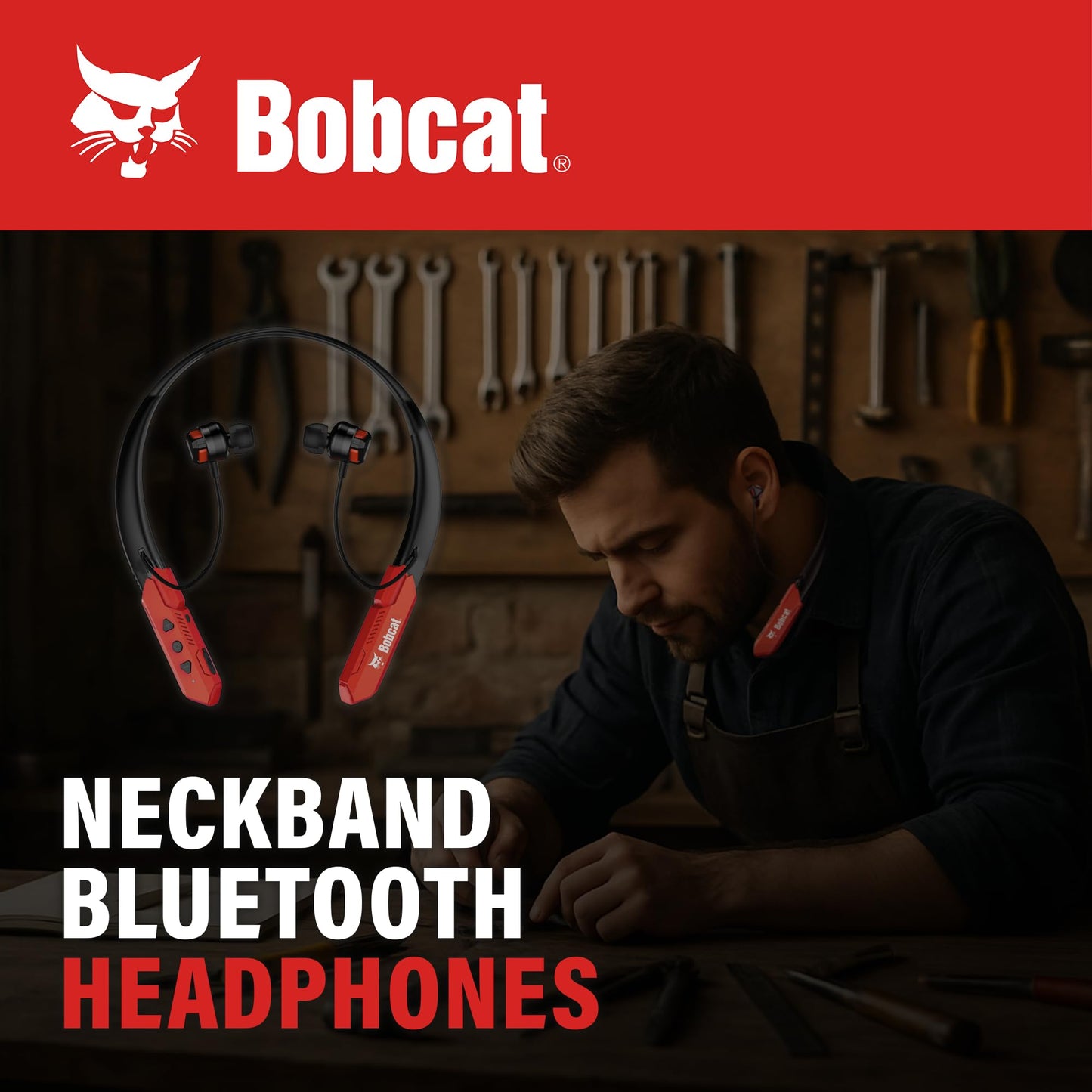 CJ TECH Bobcat Neckband Bluetooth Headphones - Earphones with Microphone, 80H Battery, Fast Charging - IPX4 Sweatproof Sports Headphones for Running, Jobsite, Gym, and Workout
