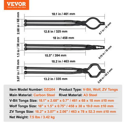 VEVOR Blacksmith Tongs, 18” 3 PCS, V-Bit Bolt Tongs, Wolf Jaw Tongs and Z V-Bit Tongs, Carbon Steel Forge Tongs with A3 Steel Rivets, for Beginner and Seasoned Blacksmiths, Bladesmiths and Craftsmen