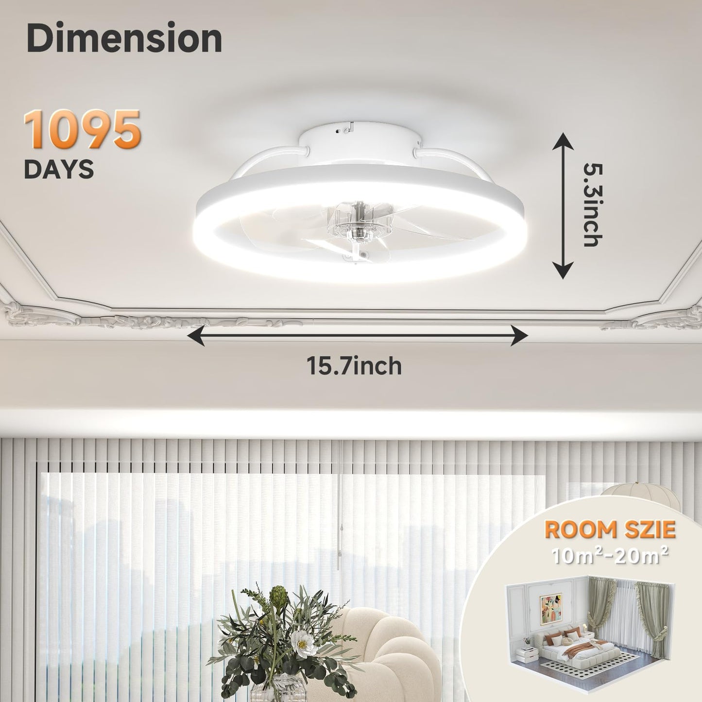 VOLISUN Low Profile Ceiling Fans with Light and Remote,15.7in Modern Bladeless Ceiling Fan with Lights,3000K-6500K Dimmable Flush Mount LED Fan Light,Brown Fandelier Ceiling Fans for Bedroom