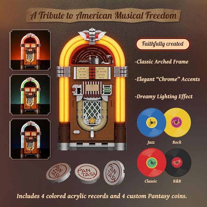 PANTASY Retro Jukebox Building Kit with Coin &amp Sound Function Mechanical Music Box Model with Acrylic Records Recording Studio &amp Minifigure Collectible Construction Toy Gift for Adults and
