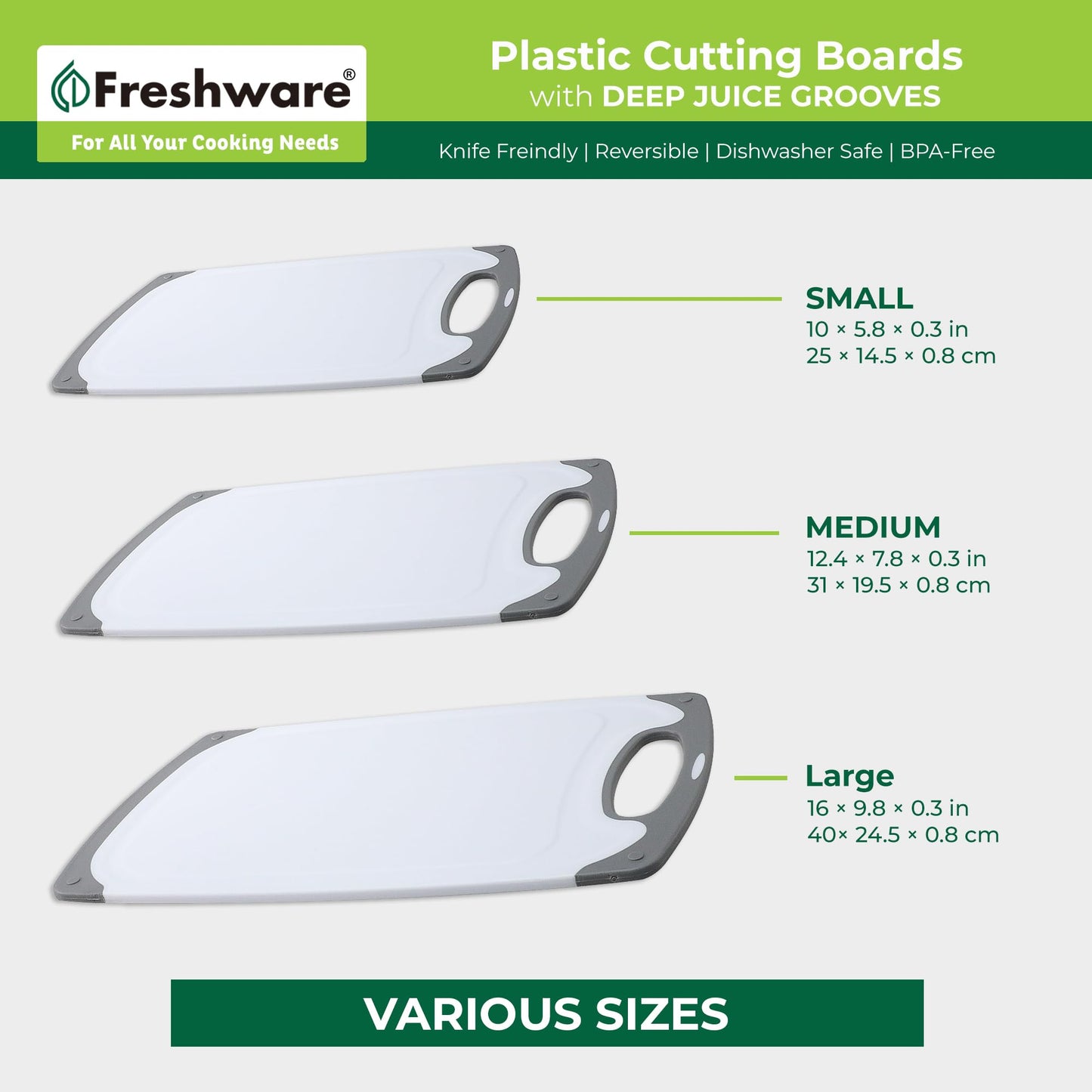 Freshware Cutting Boards for Kitchen, Chopping Board 3-Pack with Different Sizes, Juice Grooves and Non Slip Handles - Reversible, Large Cutting Board Set - Dishwasher Safe - Gray