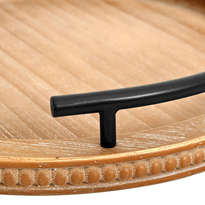 SwallowLiving Brown Wooden Beaded Serving Tray with Handle Decorative Rustic Tray for Coffee Table Farmhouse Round Tray for Kitchen, Living Room and Bedroom