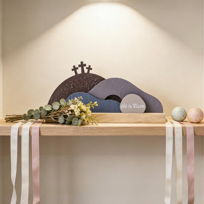 AOMOONOA Easter Empty Tomb Decor Set, He is Risen Resurrection Scene with Wooden Base, Religious Tomb Scene Easter Decoration for Christian Holiday Home Tabletop Decor
