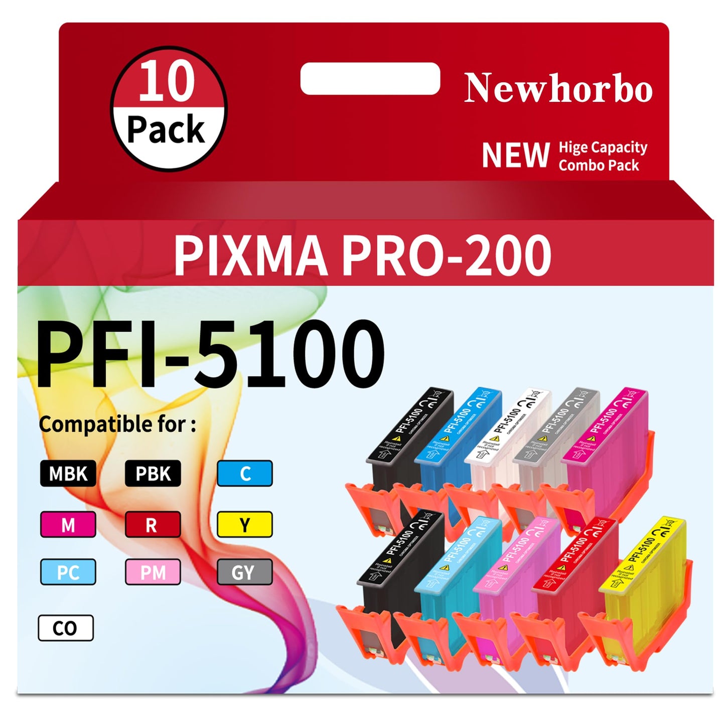 Newhorbo PFI5100 Ink Cartridge Replacement for Canon imagePROGRAF PRO310 Printer (MBK, PBK, C, M, Y, R, GY, PC, PM, CO 10-Pack)