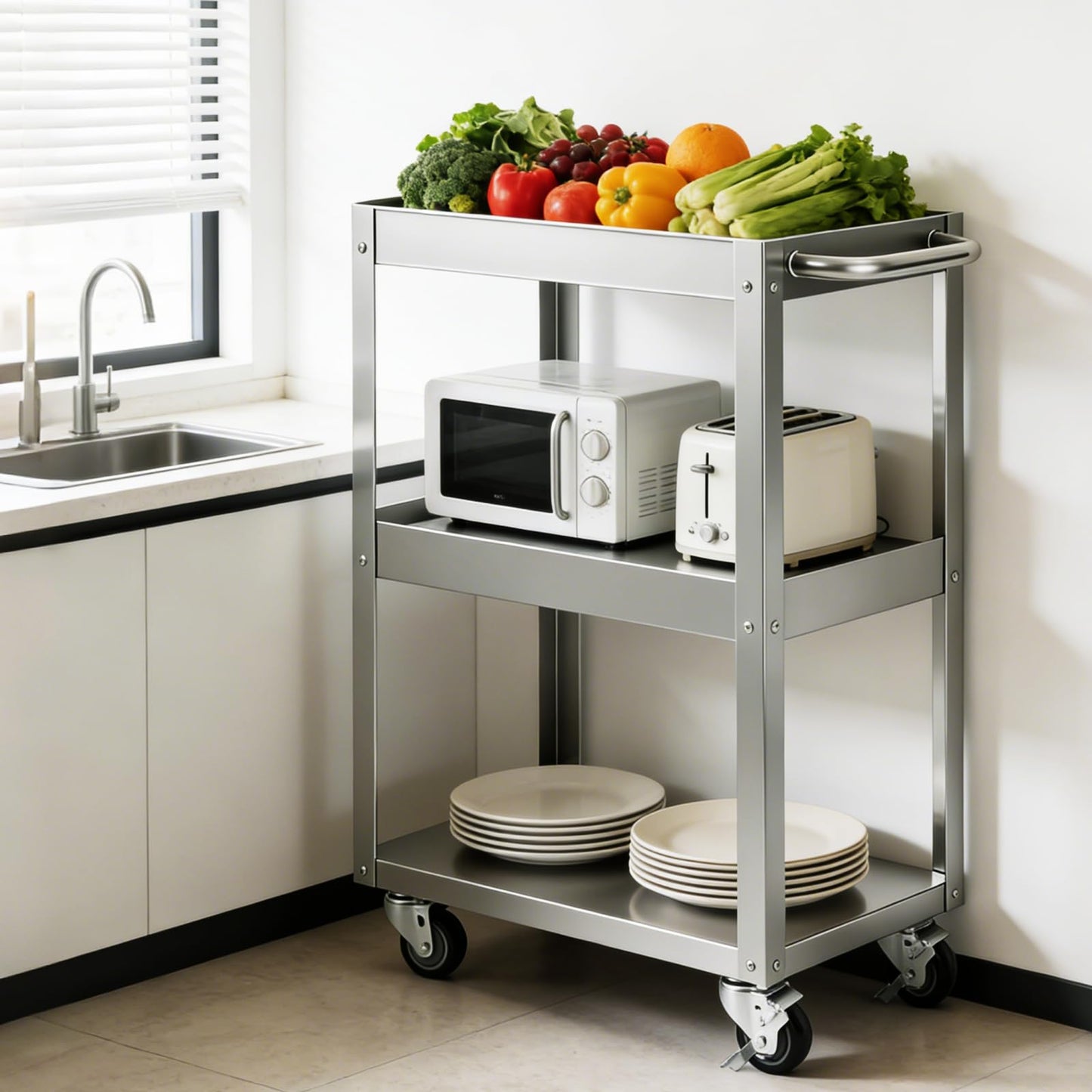 Hally Stainless Steel Utility Cart 3 Tier NSF Commercial Heavy Duty Metal Mobile Food Rolling Cart with Handle and Wheels for Kitchen, Restaurant, Hospital, Laboratory and Home, 24" L x 16" W x 34" H