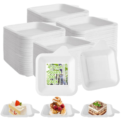 Oungy 300 PCS Small Paper Plates 4 Inch Small Disposable Plates White Square Paper Plates Paper Dessert Plates Paper Plates Bulk Cake Paper Plates Sugarcane Plates for Holiday Wedding Graduation Party