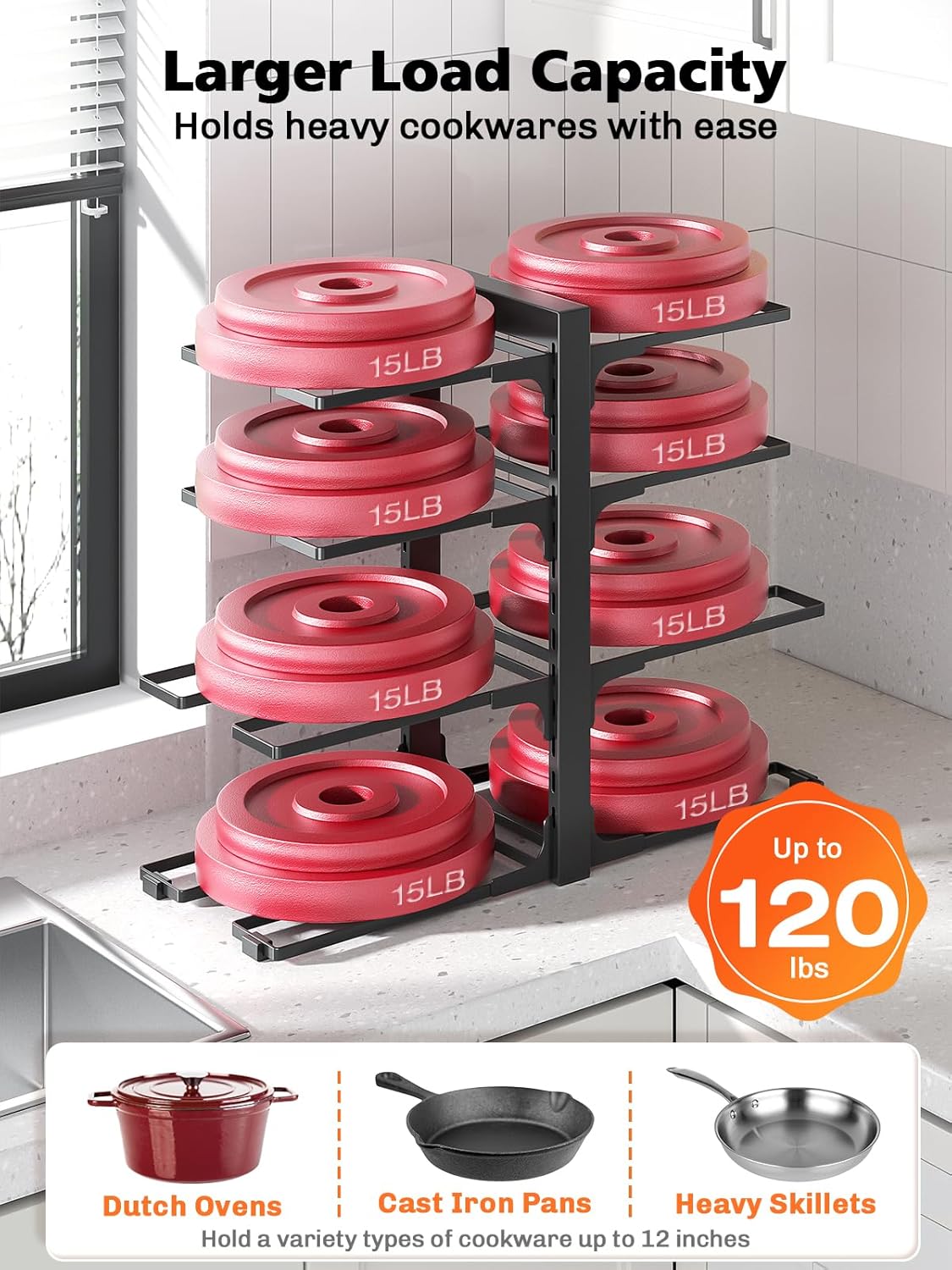 MUDEELA 8-Tier Pots and Pans Organizer under Cabinet, 15.83" Height Heavy Duty Pot and Pan Organizer Kitchen Cabinet Organization and Storage, Adjustable Pot Rack for Frying Pan, Cast Iron Skillet
