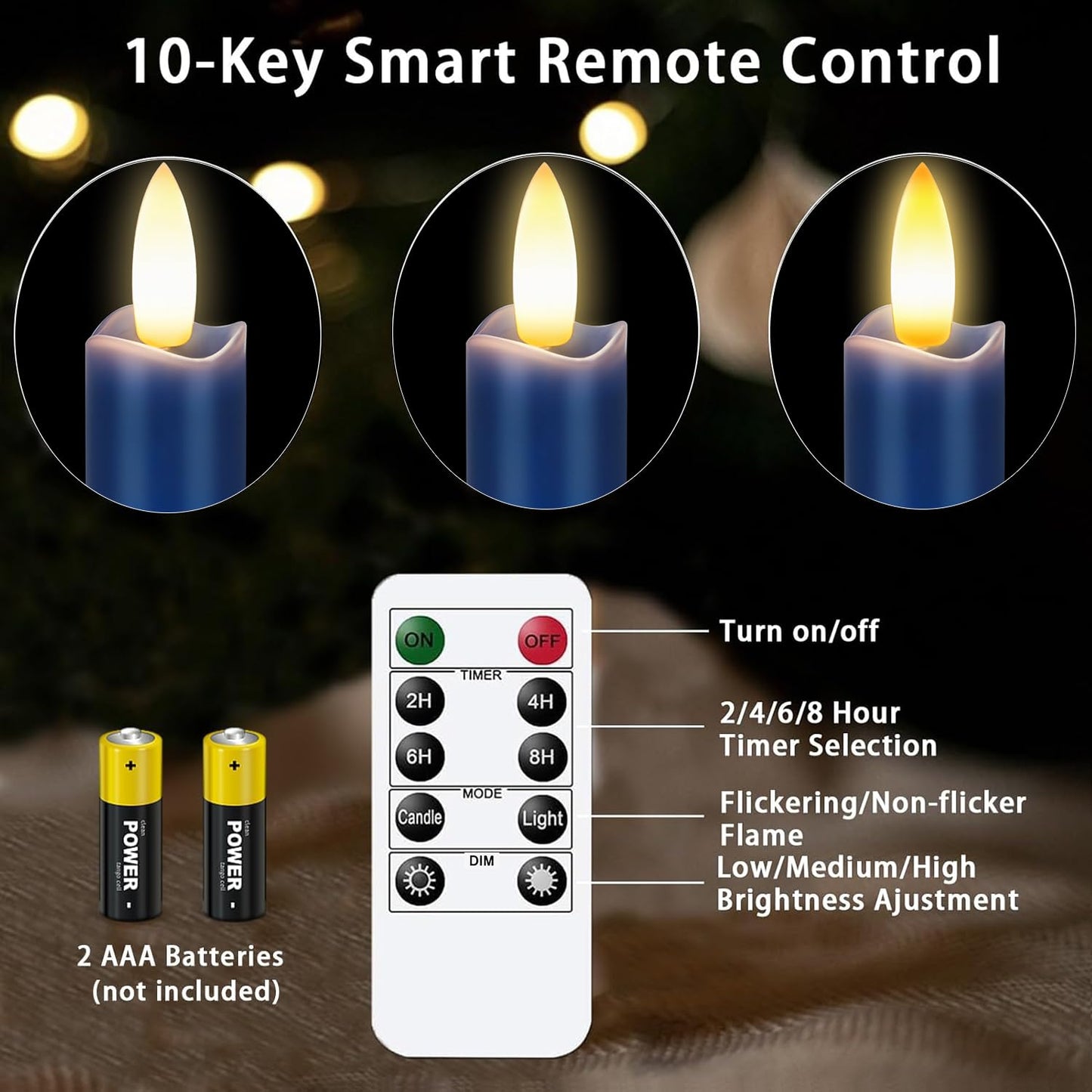 KSWING Upgraded Real Wax LED Flameless Navy Blue Taper Candles with Remote, 6 PCS Candlesticks Battery Operated 3D Flickering - 9.6" Long Realistic Fake Candle Sticks for Home/Wedding/Xmas Deco